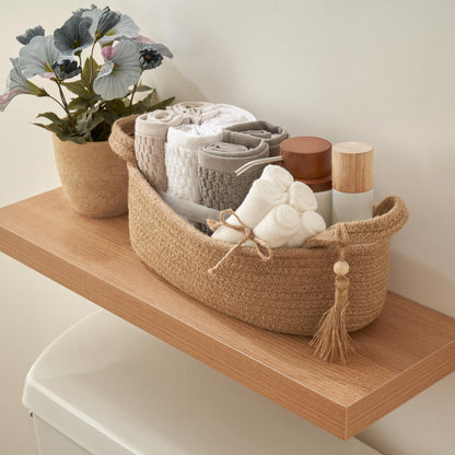 Decorative Toilet Paper Basket – Beautiful Bathroom Organizer for Toilet Tank Storage Decor – Boho Cotton Rope Bin with Tassel for Bathroom Accessories and as Shelf Decor