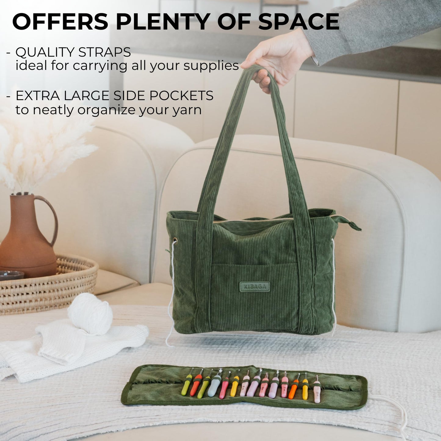 Stylish Yarn Bag for Crochet and Knitting Projects - Corduroy Crochet Organizer with 4 Interior Pockets and Yarn Holes - Perfect for Storing Hooks, Needles and Crafting Accessories
