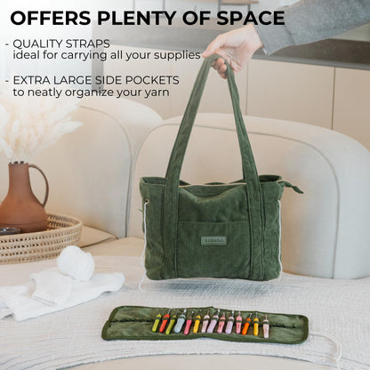 Stylish Yarn Bag for Crochet and Knitting Projects - Corduroy Crochet Organizer with 4 Interior Pockets and Yarn Holes - Perfect for Storing Hooks, Needles and Crafting Accessories