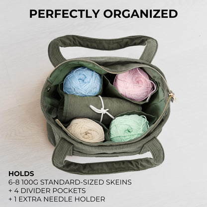 Stylish Yarn Bag for Crochet and Knitting Projects - Corduroy Crochet Organizer with 4 Interior Pockets and Yarn Holes - Perfect for Storing Hooks, Needles and Crafting Accessories