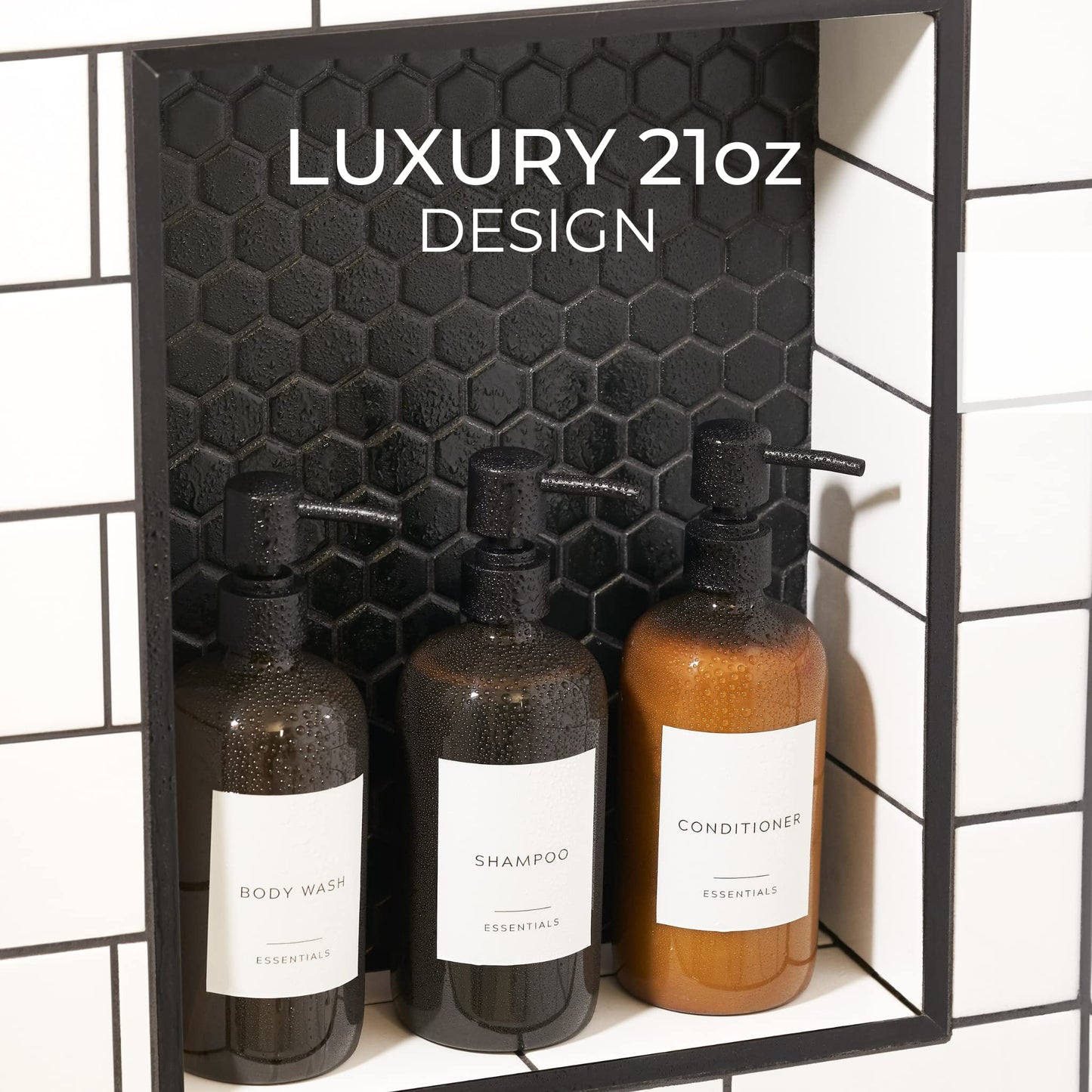 Stylish Shampoo And Conditioner Dispenser Set of 3 - Modern 21oz Shower Soap PET Bottles With Pump and Labels - Easy to Refill Body Wash Dispensers For an Instant Bathroom Decor Upgrade