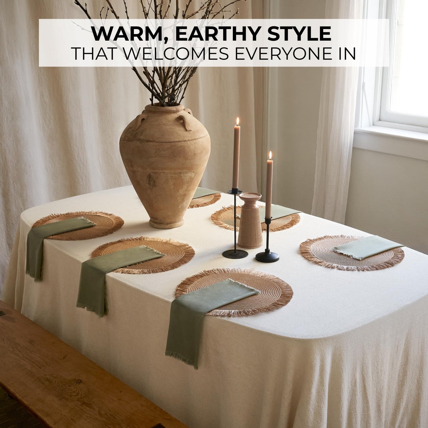 Beautiful Boho Placemats and Napkins Set of 6 – Handmade Woven Cotton, Burlap & Straw Table Decor for Dining Room, Kitchen, or Farmhouse-Style Tables
