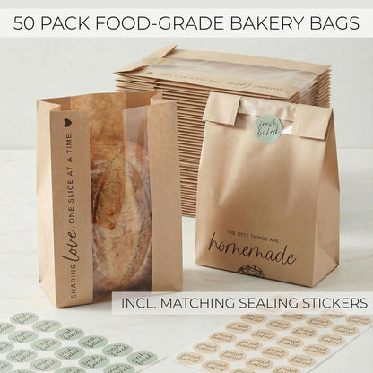 Beautiful Bread Bags for Homemade Bread - Clear Window Bags Keep Your Sourdough Loaves Fresh for Days & are Great for Gifting Homemade Bread - Perfectly Sized Bakery Paper Packaging for Baked Goods