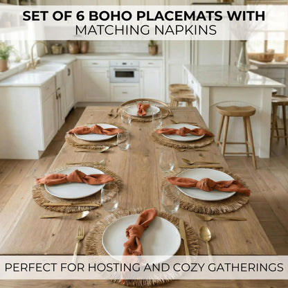 Decorative Boho Table Placemats Set of 6 with Matching Linen-Textured Napkins - Beautiful Natural Decor Elevates Your Dining Room or Kitchen Setting - Easy to Style & Mix with Linen Inspired Material