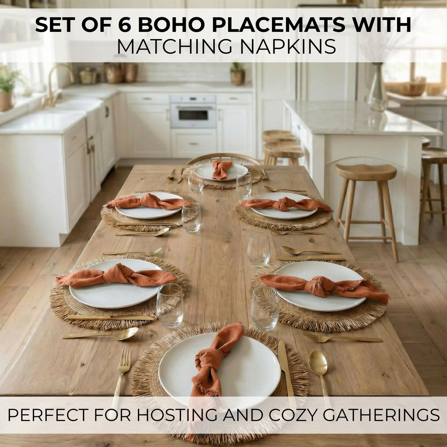 Beautiful Boho Placemats and Napkins Set of 6 – Handmade Woven Cotton, Burlap & Straw Table Decor for Dining Room, Kitchen, or Farmhouse-Style Tables
