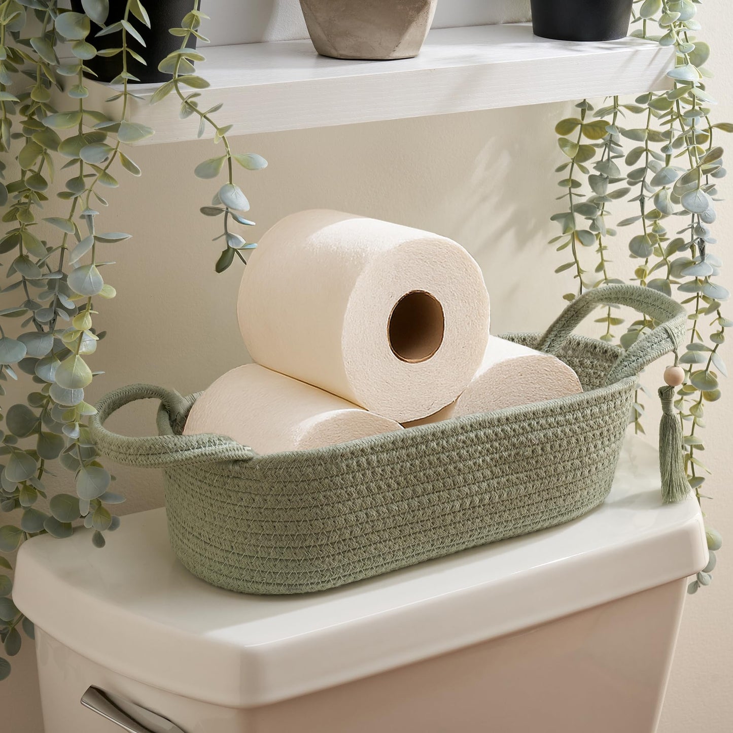 Decorative Toilet Paper Basket – Beautiful Bathroom Organizer for Toilet Tank Storage Decor – Boho Cotton Rope Bin with Tassel for Bathroom Accessories and as Shelf Decor