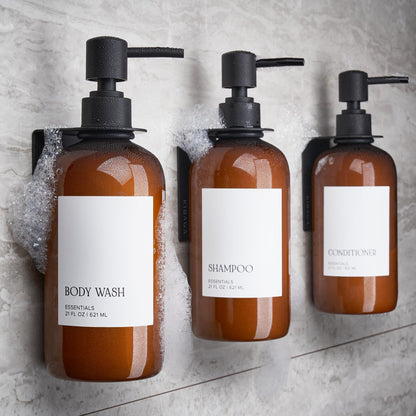 Stylish Shampoo and Conditioner Dispenser Set of 3 For Wall Mount - Modern Drill Free 21oz Shower Soap Bottles with Labels - Easy Refill Body Wash Dispensers for an Instant Bathroom Decor Upgrade