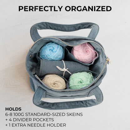 Stylish Yarn Bag for Crochet and Knitting Projects - Corduroy Crochet Organizer with 4 Interior Pockets and Yarn Holes - Perfect for Storing Hooks, Needles and Crafting Accessories