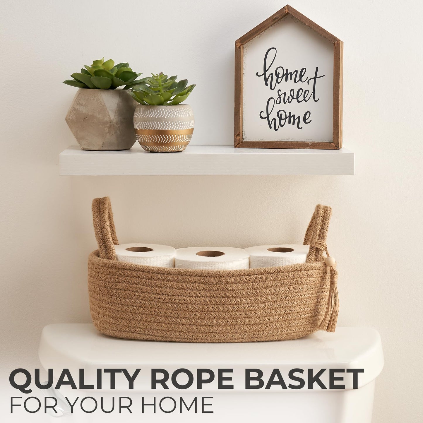 Decorative Toilet Paper Basket – Beautiful Bathroom Organizer for Toilet Tank Storage Decor – Boho Cotton Rope Bin with Tassel for Bathroom Accessories and as Shelf Decor