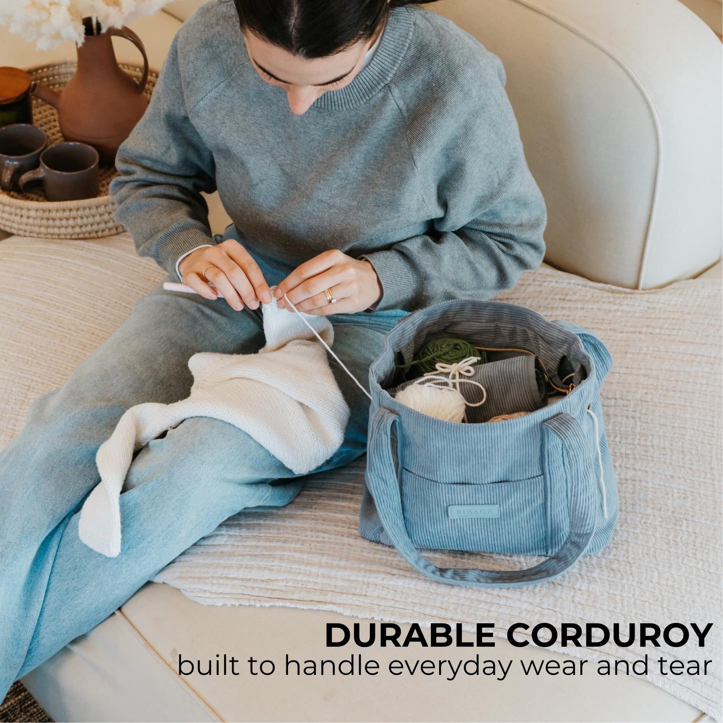 Stylish Yarn Bag for Crochet and Knitting Projects - Corduroy Crochet Organizer with 4 Interior Pockets and Yarn Holes - Perfect for Storing Hooks, Needles and Crafting Accessories