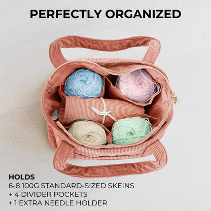 Stylish Yarn Bag for Crochet and Knitting Projects - Corduroy Crochet Organizer with 4 Interior Pockets and Yarn Holes - Perfect for Storing Hooks, Needles and Crafting Accessories
