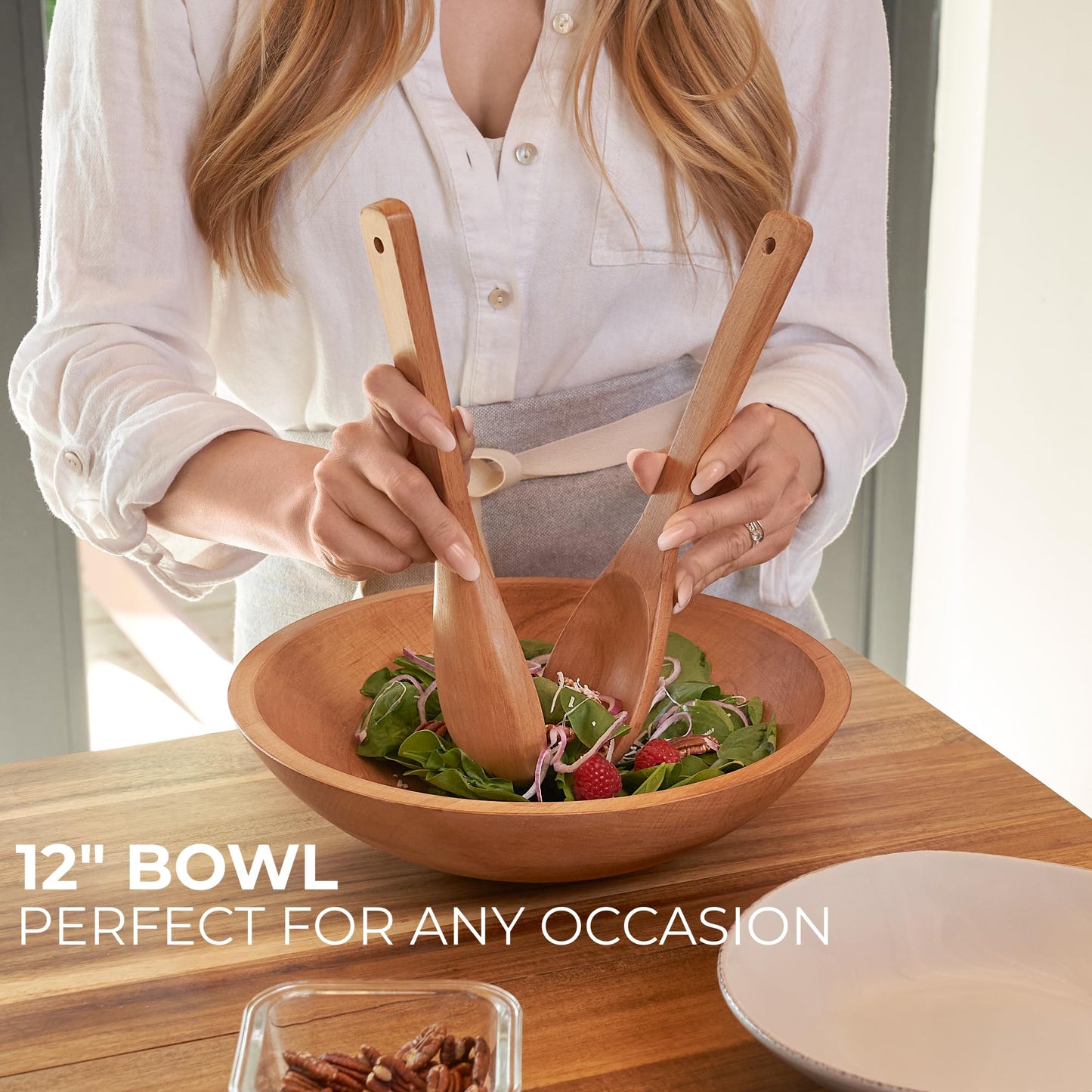Beautiful Salad Bowls, Wooden Salad Bowls Set, Large Beech Wood Serving Bowl for Fruits & Salad with Serving Utensils