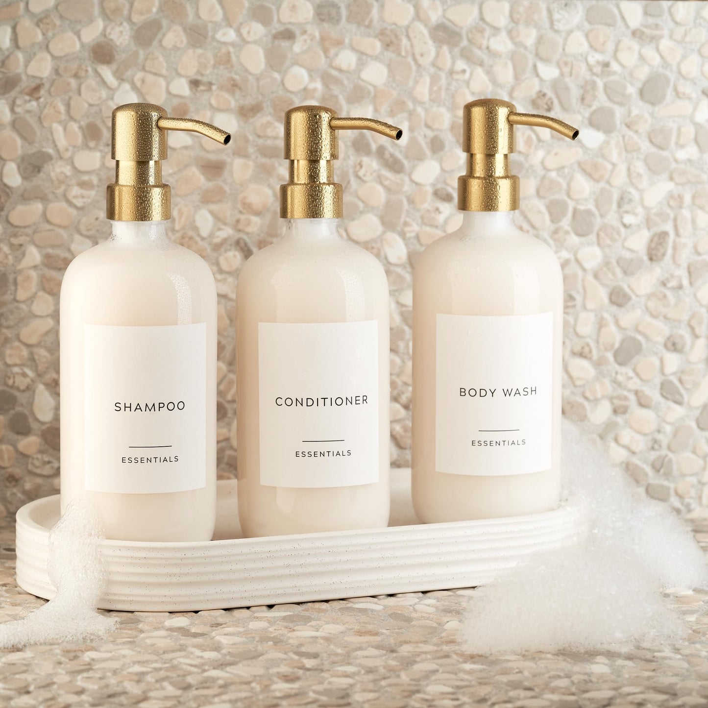 Stylish Shampoo and Conditioner Dispenser Set of 3 - Modern 21oz Shower Soap Bottles with Pump and Labels - Easy to Refill Body Wash Dispensers for an Instant Bathroom Decor Upgrade