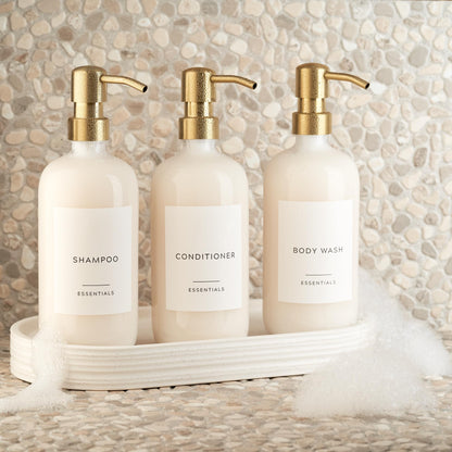 Stylish Shampoo and Conditioner Dispenser Set of 3 - Modern 21oz Shower Soap Bottles with Pump and Labels - Easy to Refill Body Wash Dispensers for an Instant Bathroom Decor Upgrade