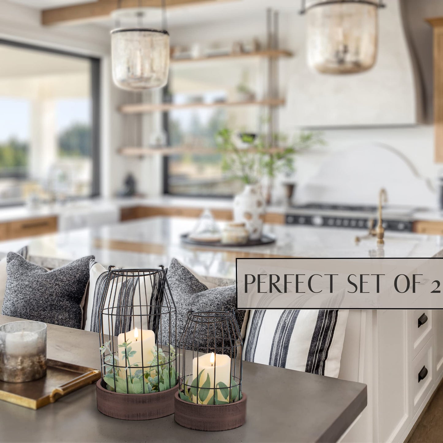 Rustic Farmhouse Lantern Decor - Stylish Decorative Lanterns for Your Living Room, Fireplace Mantle or Kitchen Dining Table - Modern Upscale Beauty for Your Entire Home