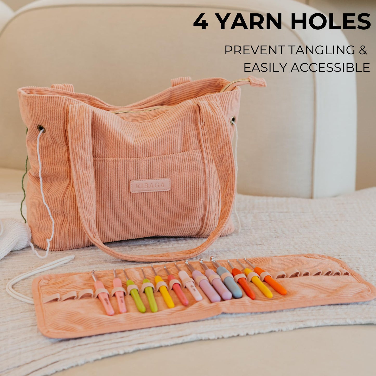 Stylish Yarn Bag for Crochet and Knitting Projects - Corduroy Crochet Organizer with 4 Interior Pockets and Yarn Holes - Perfect for Storing Hooks, Needles and Crafting Accessories