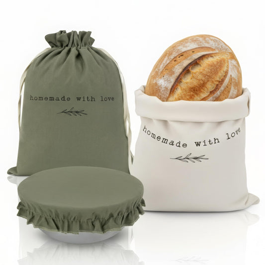Beautiful Linen Bread Bag Set and Proofing Cover For Homemade Sourdough Bread - Keeps Your Loaf Fresh for Days - Reusable and Easy to Clean Storage Bag, The Perfect Baking Accessories