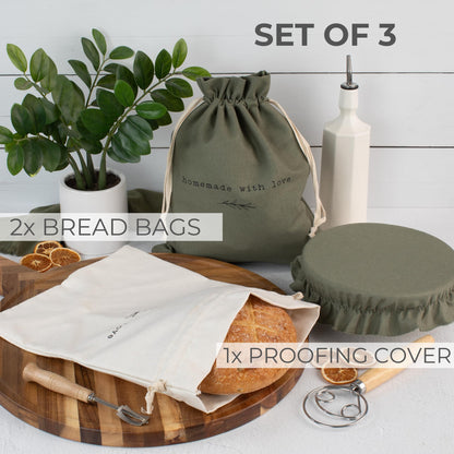 Beautiful Linen Bread Bag Set and Proofing Cover For Homemade Sourdough Bread - Keeps Your Loaf Fresh for Days - Reusable and Easy to Clean Storage Bag, The Perfect Baking Accessories