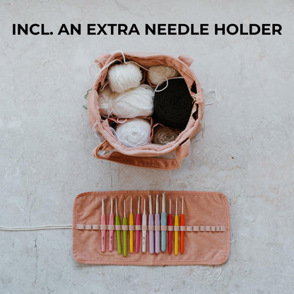 Stylish Yarn Bag for Crochet and Knitting Projects - Corduroy Crochet Organizer with 4 Interior Pockets and Yarn Holes - Perfect for Storing Hooks, Needles and Crafting Accessories