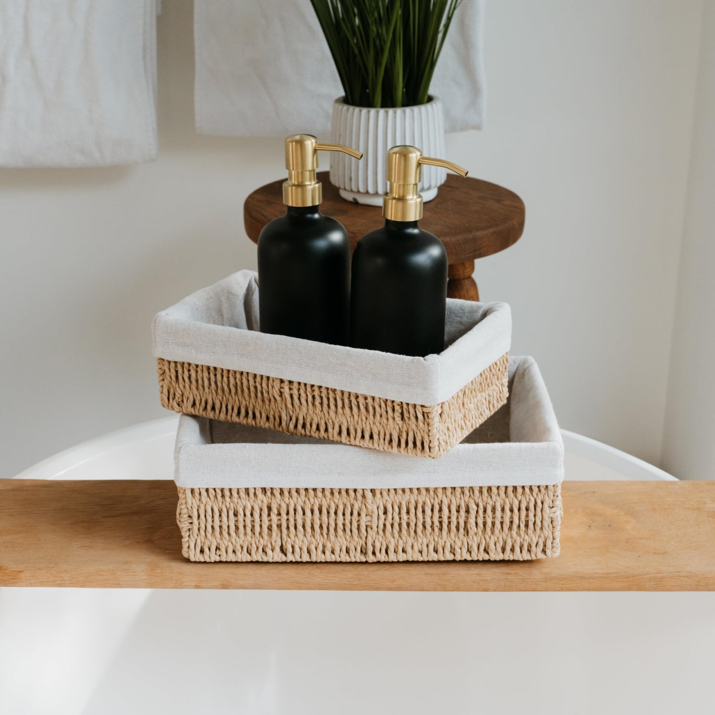 Beautiful Boho Bathroom Basket – Stylish Organizer Baskets for Toilet Tank, Bathroom Essentials, or Nursery Decor - Storage Basket Set of 2 for Shelves