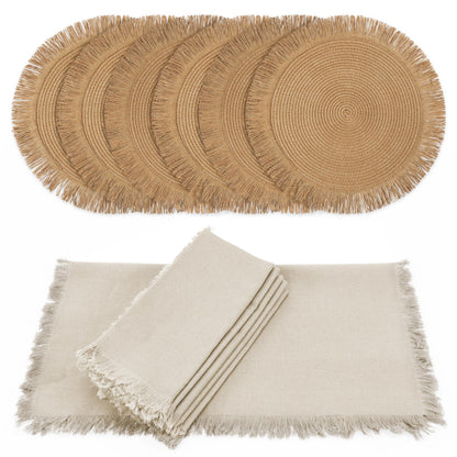 Decorative Boho Table Placemats Set of 6 with Matching Linen-Textured Napkins - Beautiful Natural Decor Elevates Your Dining Room or Kitchen Setting - Easy to Style & Mix with Linen Inspired Material
