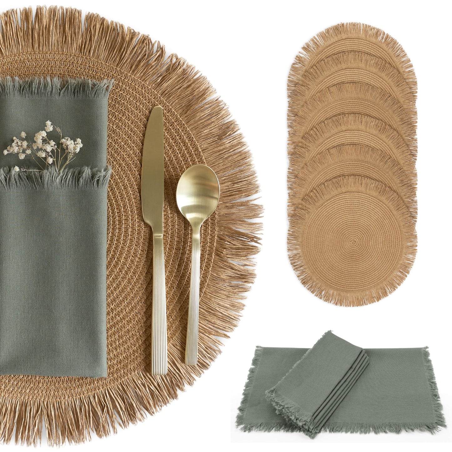 Beautiful Boho Placemats and Napkins Set of 6 – Handmade Woven Cotton, Burlap & Straw Table Decor for Dining Room, Kitchen, or Farmhouse-Style Tables