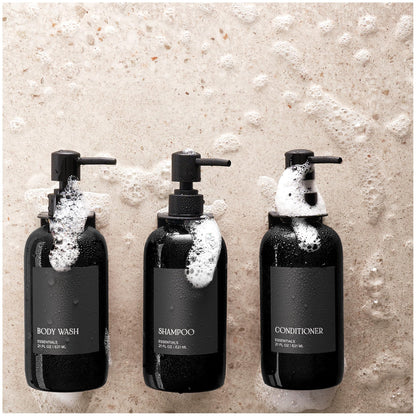 Stylish Shampoo and Conditioner Dispenser Set of 3 For Wall Mount - Modern Drill Free 21oz Shower Soap Bottles with Labels - Easy Refill Body Wash Dispensers for an Instant Bathroom Decor Upgrade