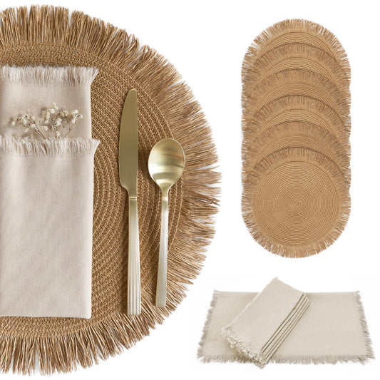 Beautiful Boho Placemats and Napkins Set of 6 – Handmade Woven Cotton, Burlap & Straw Table Decor for Dining Room, Kitchen, or Farmhouse-Style Tables