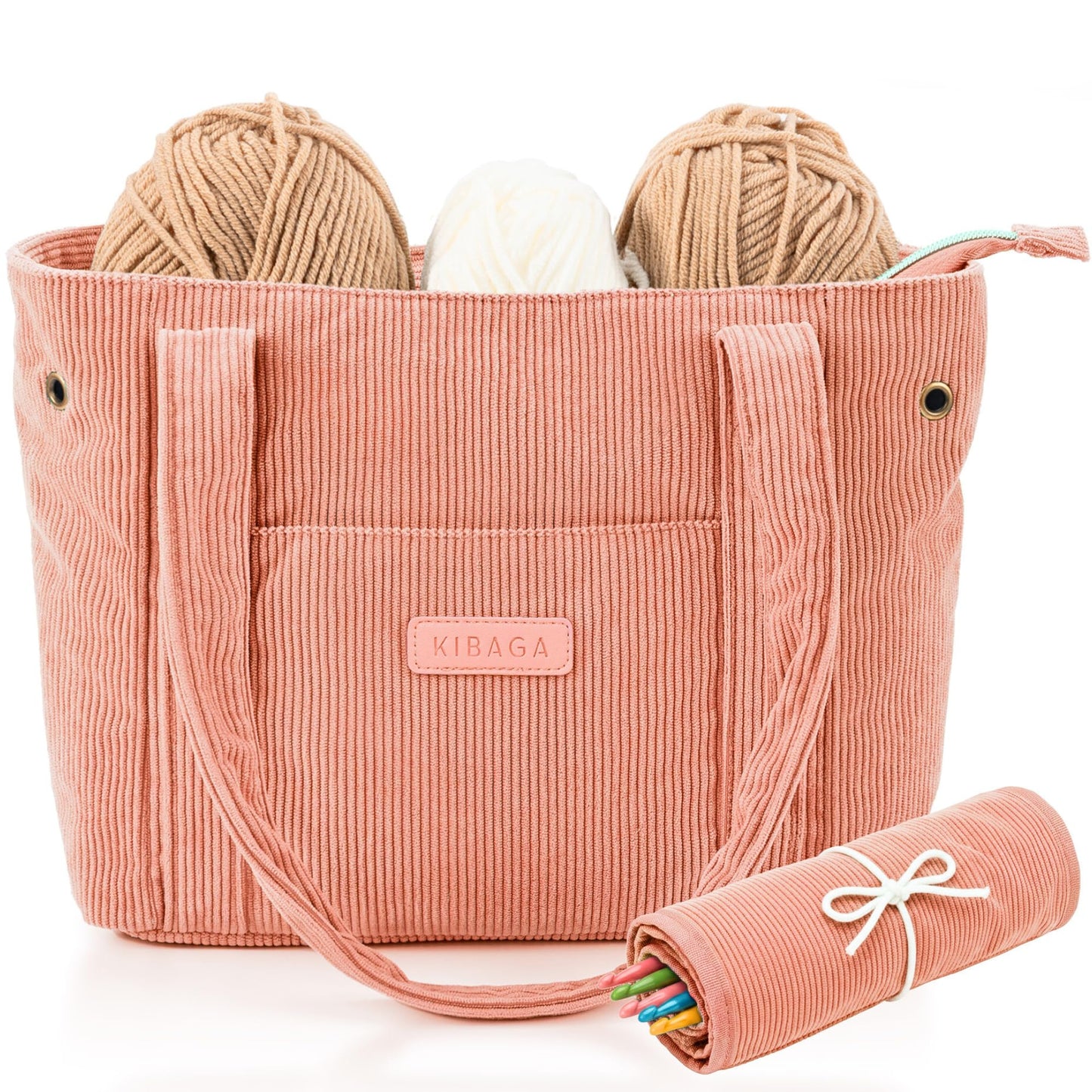 Stylish Yarn Bag for Crochet and Knitting Projects - Corduroy Crochet Organizer with 4 Interior Pockets and Yarn Holes - Perfect for Storing Hooks, Needles and Crafting Accessories