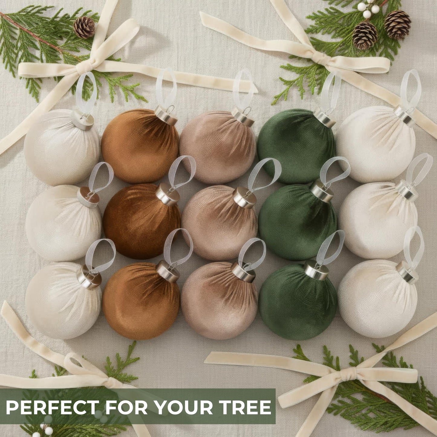 Elegant Velvet Christmas Ornaments Set with 15 Shatterproof Balls & 10 Matching Velvet Bows - Complete Festive Tree Decor Kit - Neutral Holiday Flocked Ornaments for Christmas Tree Decoration