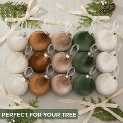 Elegant Velvet Christmas Ornaments Set with 15 Shatterproof Balls & 10 Matching Velvet Bows - Complete Festive Tree Decor Kit - Neutral Holiday Flocked Ornaments for Christmas Tree Decoration