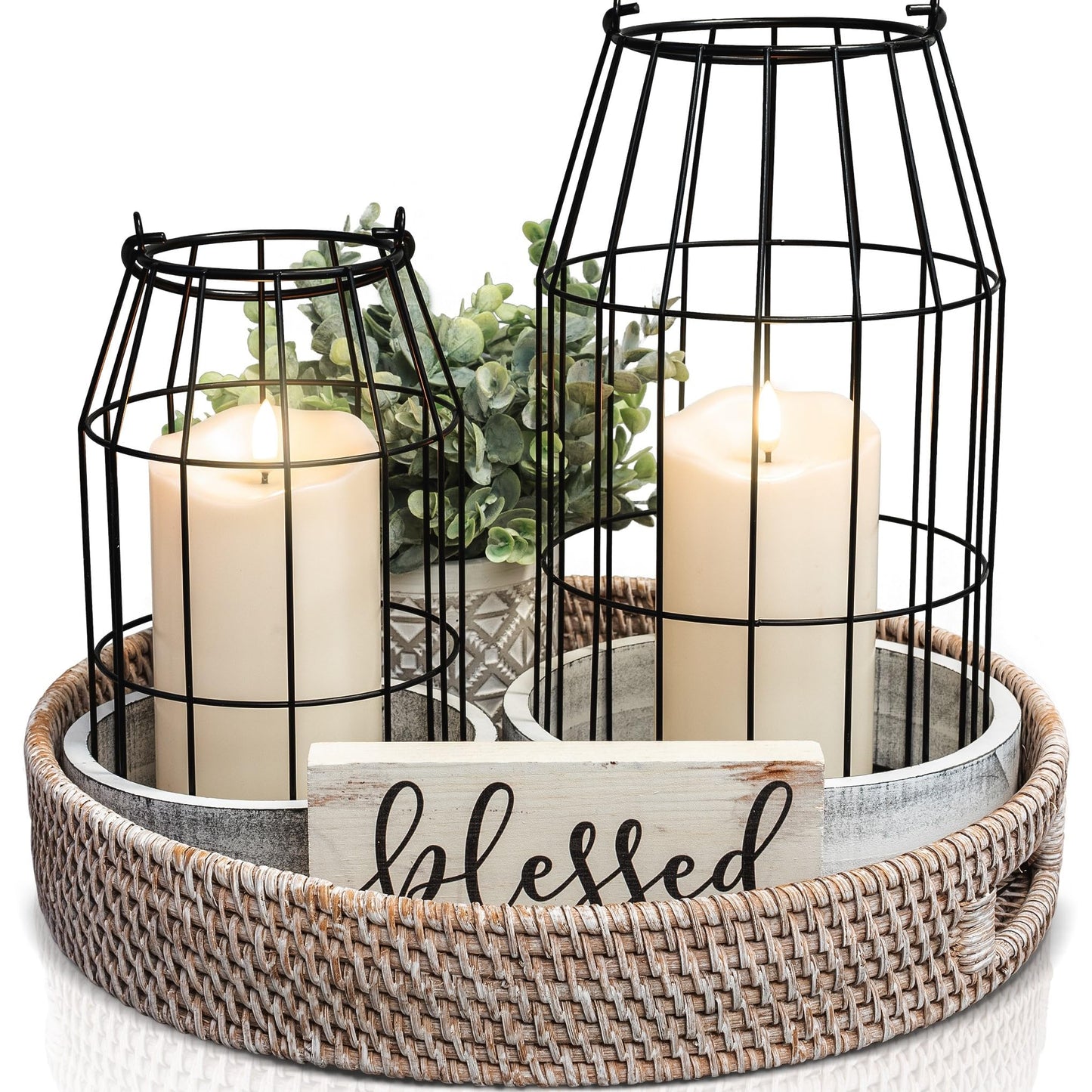 Rustic Farmhouse Lantern Decor Set of 2 - Stylish Decorative Lanterns for Your Living Room, Fireplace Mantle or Kitchen Dining Table - Modern Indoor / Outdoor Coffee Table Decor for Your Entire Home