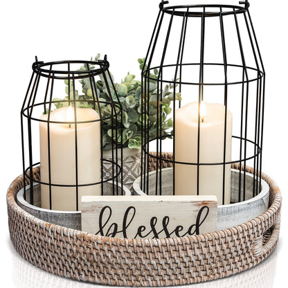 Rustic Farmhouse Lantern Decor Set of 2 - Stylish Decorative Lanterns for Your Living Room, Fireplace Mantle or Kitchen Dining Table - Modern Indoor / Outdoor Coffee Table Decor for Your Entire Home