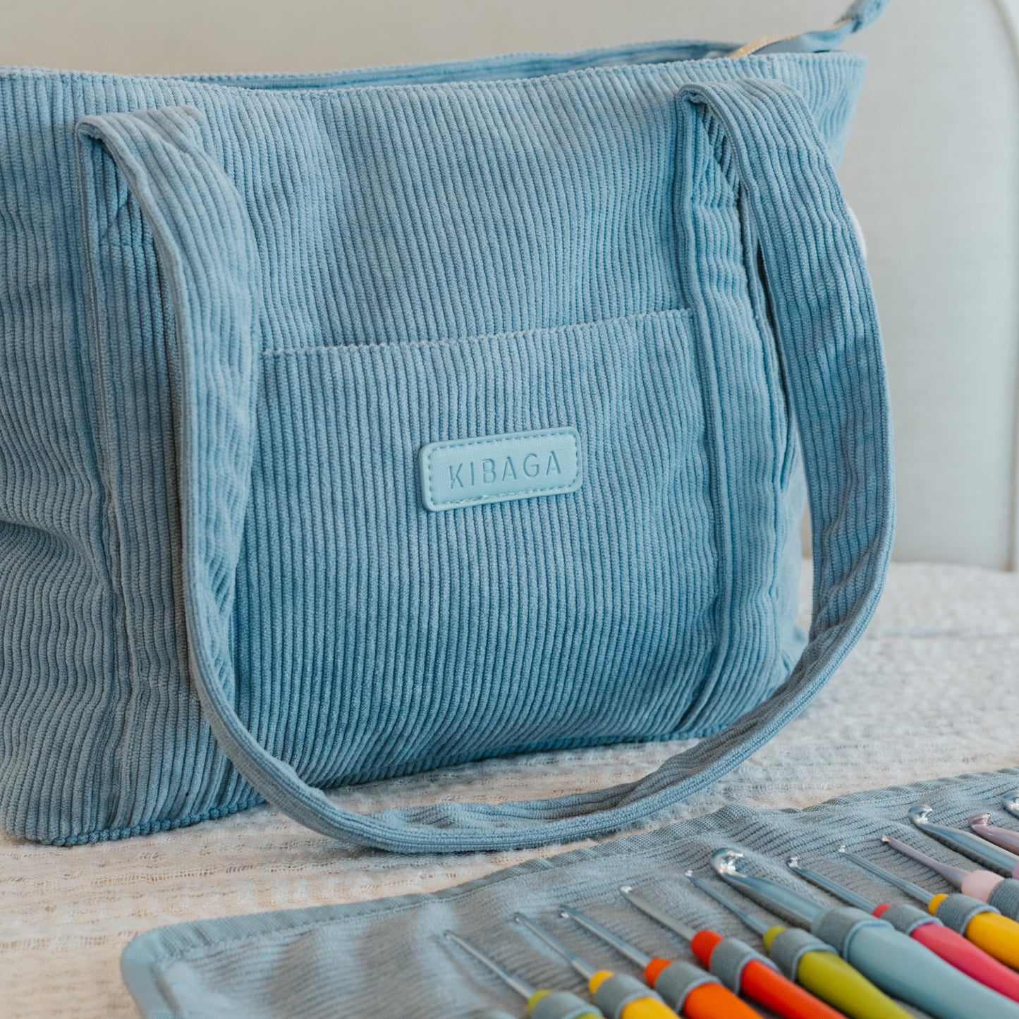 Stylish Yarn Bag for Crochet and Knitting Projects - Corduroy Crochet Organizer with 4 Interior Pockets and Yarn Holes - Perfect for Storing Hooks, Needles and Crafting Accessories