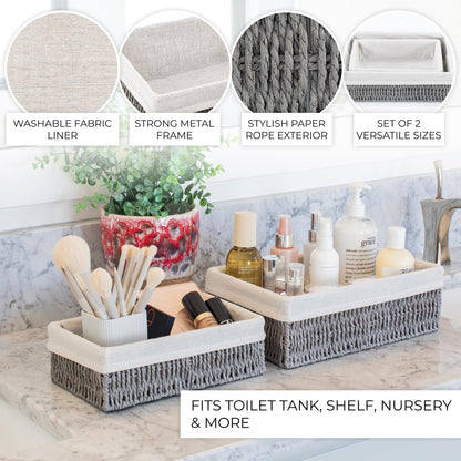 Beautiful Toilet Paper Storage Basket Set of 2 – Decorative Wicker Bathroom Organizer for Toilet Tank Trays - Quality Holder Bin For Shelves Fits Perfectly With Any Bathroom Decor