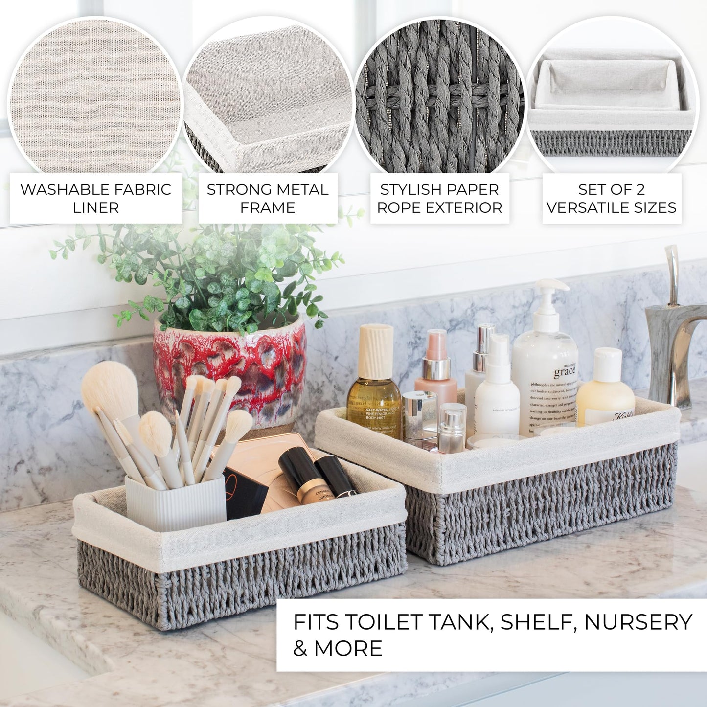 Beautiful Boho Bathroom Basket – Stylish Organizer Baskets for Toilet Tank, Bathroom Essentials, or Nursery Decor - Storage Basket Set of 2 for Shelves