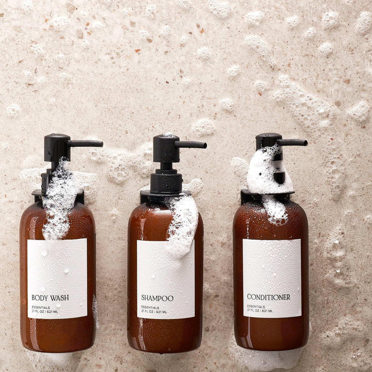 Stylish Shampoo and Conditioner Dispenser Set of 3 For Wall Mount - Modern Drill Free 21oz Shower Soap Bottles with Labels - Easy Refill Body Wash Dispensers for an Instant Bathroom Decor Upgrade