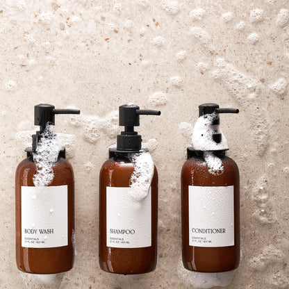 Stylish Shampoo and Conditioner Dispenser Set of 3 For Wall Mount - Modern Drill Free 21oz Shower Soap Bottles with Labels - Easy Refill Body Wash Dispensers for an Instant Bathroom Decor Upgrade