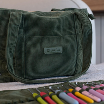 Stylish Yarn Bag for Crochet and Knitting Projects - Corduroy Crochet Organizer with 4 Interior Pockets and Yarn Holes - Perfect for Storing Hooks, Needles and Crafting Accessories
