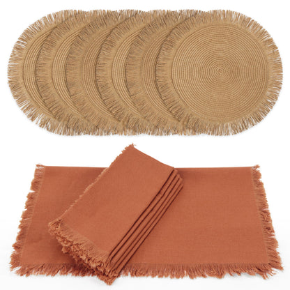 Decorative Boho Table Placemats Set of 6 with Matching Linen-Textured Napkins - Beautiful Natural Decor Elevates Your Dining Room or Kitchen Setting - Easy to Style & Mix with Linen Inspired Material