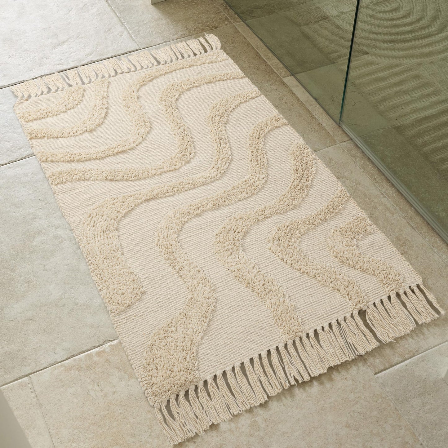 Chic 2x3 Boho Cotton Rug with Tassels – Soft & Washable Bathroom Mat for a Cozy, Modern Home