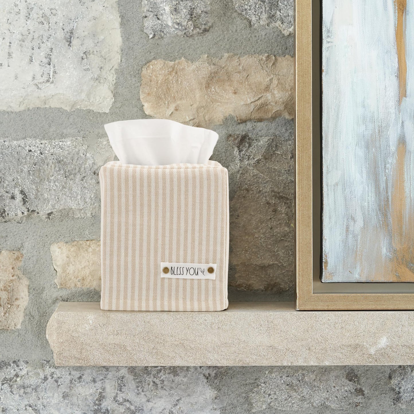 Stylish Tissue Box Cover - This Beige Striped Linen Holder Instantly Covers Your Square Tissue Boxes - The Perfect Cube Cover for Your Bathroom and Home