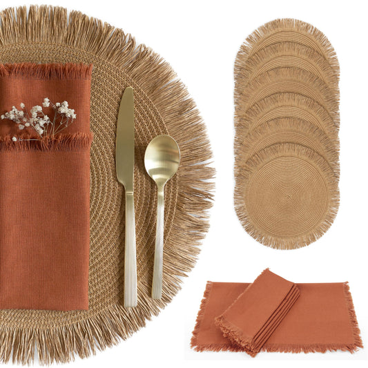 Decorative Boho Table Placemats Set of 6 with Matching Linen-Textured Napkins - Beautiful Natural Decor Elevates Your Dining Room or Kitchen Setting - Easy to Style & Mix with Linen Inspired Material