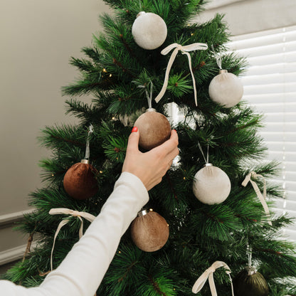 Elegant Velvet Christmas Ornaments Set with 15 Shatterproof Balls & 10 Matching Velvet Bows - Complete Festive Tree Decor Kit - Neutral Holiday Flocked Ornaments for Christmas Tree Decoration