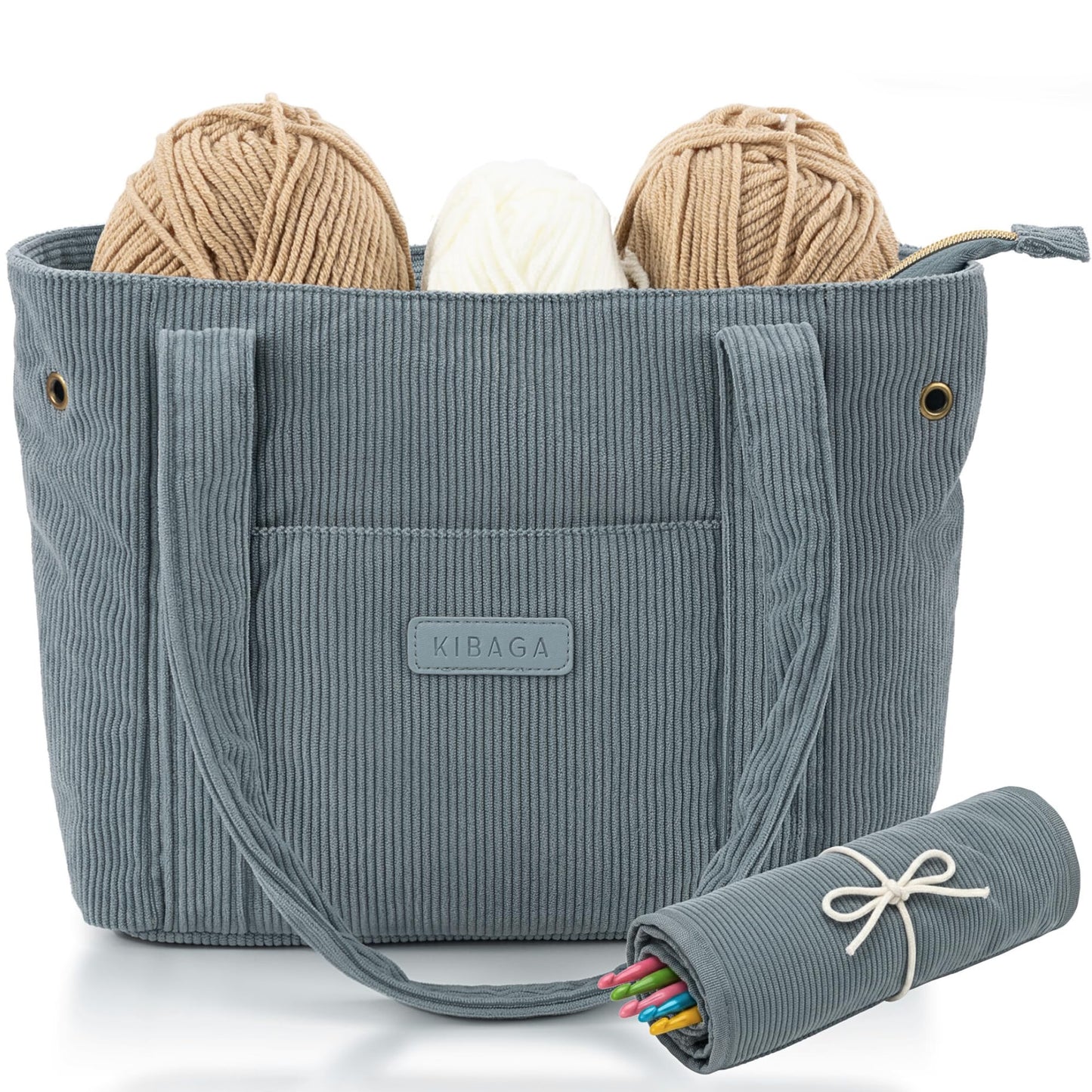Stylish Yarn Bag for Crochet and Knitting Projects - Corduroy Crochet Organizer with 4 Interior Pockets and Yarn Holes - Perfect for Storing Hooks, Needles and Crafting Accessories