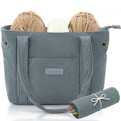 Stylish Yarn Bag for Crochet and Knitting Projects - Corduroy Crochet Organizer with 4 Interior Pockets and Yarn Holes - Perfect for Storing Hooks, Needles and Crafting Accessories